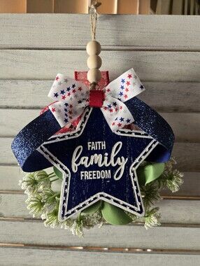 OOAK Handmade Americana Faith Family Freedom Ribbon Door Wall Homespun Stars USA